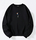 Unisex Oversize Bisiklet Yaka Basic Balloon Astronaut Baskılı Sweatshirt - SİYAH