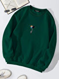 Unisex Oversize Bisiklet Yaka Basic Balloon Astronaut Baskılı Sweatshirt - KOYU YEŞİL