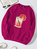 Unisex Oversize Bisiklet Yaka Basic Orange Cocktail Baskılı Sweatshirt - FUŞYA