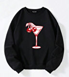 Unisex Oversize Bisiklet Yaka Basic Cherry Cocktail Baskılı Sweatshirt - SİYAH