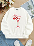 Unisex Oversize Bisiklet Yaka Basic Cherry Cocktail Baskılı Sweatshirt - EKRU