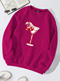Unisex Oversize Bisiklet Yaka Basic Cherry Cocktail Baskılı Sweatshirt - FUŞYA