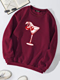 Unisex Oversize Bisiklet Yaka Basic Cherry Cocktail Baskılı Sweatshirt - BORDO