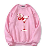Unisex Oversize Bisiklet Yaka Basic Cherry Cocktail Baskılı Sweatshirt - PEMBE