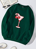 Unisex Oversize Bisiklet Yaka Basic Cherry Cocktail Baskılı Sweatshirt - KOYU YEŞİL