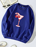 Unisex Oversize Bisiklet Yaka Basic Cherry Cocktail Baskılı Sweatshirt - SAKS MAVİSİ