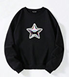 Unisex Oversize Bisiklet Yaka Basic Shining Metallic Star Baskılı Sweatshirt - SİYAH