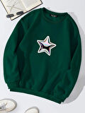 Unisex Oversize Bisiklet Yaka Basic Shining Metallic Star Baskılı Sweatshirt - KOYU YEŞİL