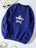 Unisex Oversize Bisiklet Yaka Basic Shining Metallic Star Baskılı Sweatshirt - SAKS MAVİSİ
