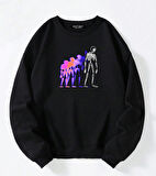 Unisex Oversize Bisiklet Yaka Basic Colorful Skeleton Baskılı Sweatshirt - SİYAH