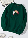 Unisex Oversize Bisiklet Yaka Basic Colorful Hair Baskılı Sweatshirt - KOYU YEŞİL