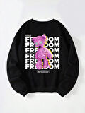Unisex Oversize Bisiklet Yaka Basic Freedom Baskılı Sweatshirt - SİYAH