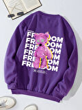 Unisex Oversize Bisiklet Yaka Basic Freedom Baskılı Sweatshirt - MOR