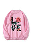 Unisex Oversize Bisiklet Yaka Basic Rose Love Baskılı Sweatshirt - PEMBE