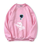 Unisex Oversize Bisiklet Yaka Basic Hang Loose Baskılı Sweatshirt - PEMBE