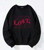 Unisex Oversize Bisiklet Yaka Basic Three Love Baskılı Sweatshirt - SİYAH