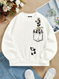 Unisex Oversize Bisiklet Yaka Basic Climbing Panda Baskılı Sweatshirt - EKRU