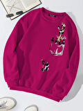 Unisex Oversize Bisiklet Yaka Basic Climbing Panda Baskılı Sweatshirt - FUŞYA