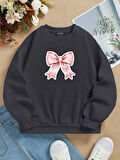 Unisex Oversize Bisiklet Yaka Basic Powder Pink Ribbom Baskılı Sweatshirt - FÜME