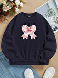 Unisex Oversize Bisiklet Yaka Basic Powder Pink Ribbom Baskılı Sweatshirt - LACİVERT