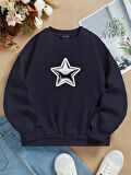 Unisex Oversize Bisiklet Yaka Basic Shining Metallic Star Baskılı Sweatshirt - LACİVERT