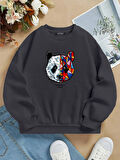 Unisex Oversize Bisiklet Yaka Basic Heiparman Panda Baskılı Sweatshirt - FÜME