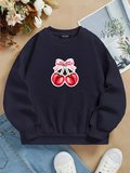 Unisex Oversize Bisiklet Yaka Basic Ribbom Cherry Baskılı Sweatshirt - LACİVERT