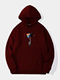 Unisex Balloon Astronaut Baskılı Kapüşonlu İçi Yumuşak Polarlı Oversize Sweatshirt - BORDO