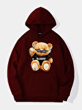 Unisex Billionarie Baskılı Kapüşonlu İçi Yumuşak Polarlı Oversize Sweatshirt - BORDO