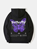 Unisex Butterfly Baskılı Kapüşonlu İçi Yumuşak Polarlı Oversize Sweatshirt - SİYAH