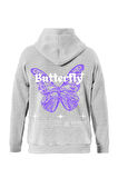 Unisex Butterfly Baskılı Kapüşonlu İçi Yumuşak Polarlı Oversize Sweatshirt - GRİ