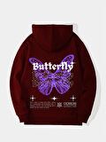 Unisex Butterfly Baskılı Kapüşonlu İçi Yumuşak Polarlı Oversize Sweatshirt - BORDO