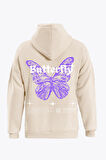 Unisex Butterfly Baskılı Kapüşonlu İçi Yumuşak Polarlı Oversize Sweatshirt - BEJ