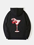 Unisex Cherry Cocktail Baskılı Kapüşonlu İçi Yumuşak Polarlı Oversize Sweatshirt - SİYAH