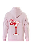 Unisex Cherry Cocktail Baskılı Kapüşonlu İçi Yumuşak Polarlı Oversize Sweatshirt - PEMBE