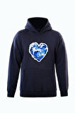 Unisex Ocen Heart Baskılı Kapüşonlu İçi Yumuşak Polarlı Oversize Sweatshirt - LACİVERT