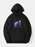 Unisex Colorful Skeleton Baskılı Kapüşonlu İçi Yumuşak Polarlı Oversize Sweatshirt - SİYAH