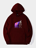 Unisex Colorful Skeleton Baskılı Kapüşonlu İçi Yumuşak Polarlı Oversize Sweatshirt - BORDO