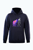 Unisex Colorful Skeleton Baskılı Kapüşonlu İçi Yumuşak Polarlı Oversize Sweatshirt - LACİVERT