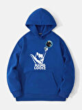 Unisex Hang Loose Baskılı Kapüşonlu İçi Yumuşak Polarlı Oversize Sweatshirt - SAKS MAVİSİ