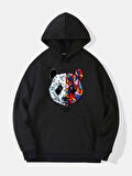 Unisex Heiparman Panda Baskılı Kapüşonlu İçi Yumuşak Polarlı Oversize Sweatshirt - SİYAH