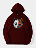 Unisex Heiparman Panda Baskılı Kapüşonlu İçi Yumuşak Polarlı Oversize Sweatshirt - BORDO