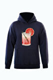 Unisex Orange Cocktail Baskılı Kapüşonlu İçi Yumuşak Polarlı Oversize Sweatshirt - LACİVERT