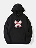Unisex Powder Pink Baskılı Kapüşonlu İçi Yumuşak Polarlı Oversize Sweatshirt - SİYAH