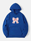 Unisex Powder Pink Baskılı Kapüşonlu İçi Yumuşak Polarlı Oversize Sweatshirt - SAKS MAVİSİ