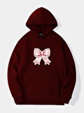 Unisex Powder Pink Baskılı Kapüşonlu İçi Yumuşak Polarlı Oversize Sweatshirt - BORDO