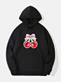 Unisex Ribbon Cherry Baskılı Kapüşonlu İçi Yumuşak Polarlı Oversize Sweatshirt - SİYAH