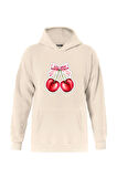 Unisex Ribbon Cherry Baskılı Kapüşonlu İçi Yumuşak Polarlı Oversize Sweatshirt - BEJ