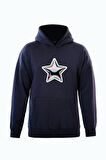 Unisex Shining Metallic Star Baskılı Kapüşonlu İçi Yumuşak Polarlı Oversize Sweatshirt - LACİVERT