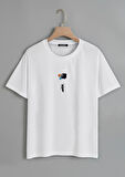 Unisex Oversize Bisiklet Yaka Balloon Astronaut Baskılı Basic T-Shirt - BEYAZ